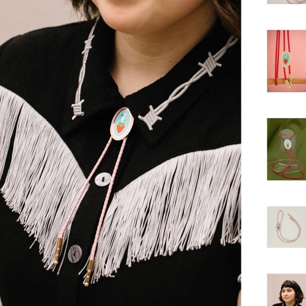 tiny deer studio strawberry enamel bolo tie with red cord